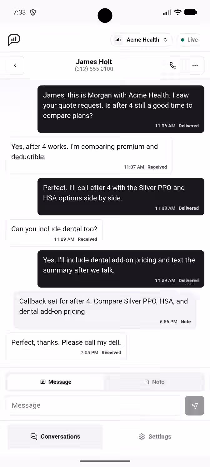 Leadping mobile conversation with a call button, customer messages, and an internal follow-up note