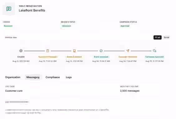 Leadping 10DLC registration showing approved overall, brand, and campaign states with prepared, submitted, and approved milestones