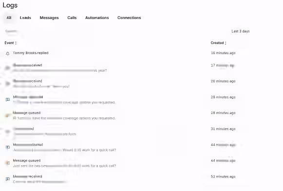 Leadping logs page showing categorized lead, message, call, and automation events with statuses and timestamps