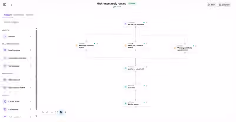 Leadping visual automation editor branching on quote, ready, and appointment replies before tagging high-intent leads and notifying the team