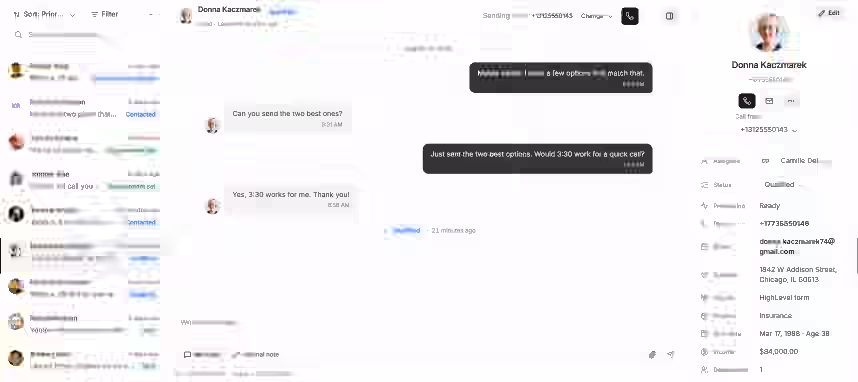 Leadping shared inbox showing a prioritized queue, live text exchange, selected sending number, owner, status, source, and lead context