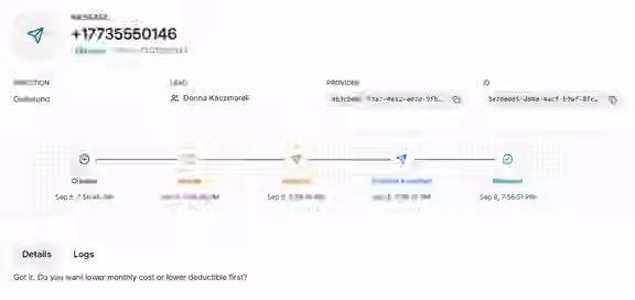 Leadping message detail showing the lead, outbound sender, delivery status, and queued and provider-accepted events